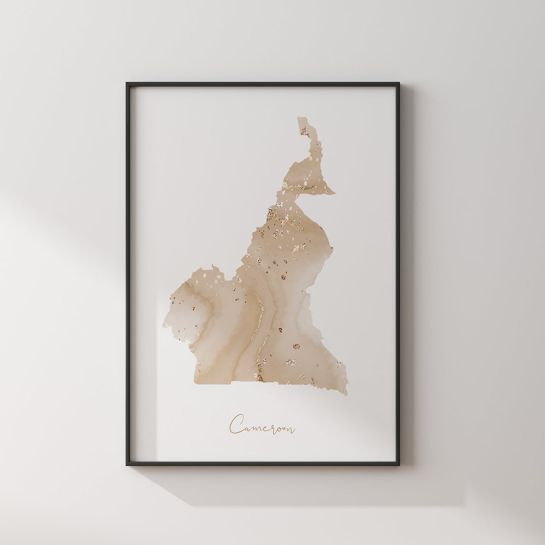Cameroon Map Beige & Gold Wall Art Print