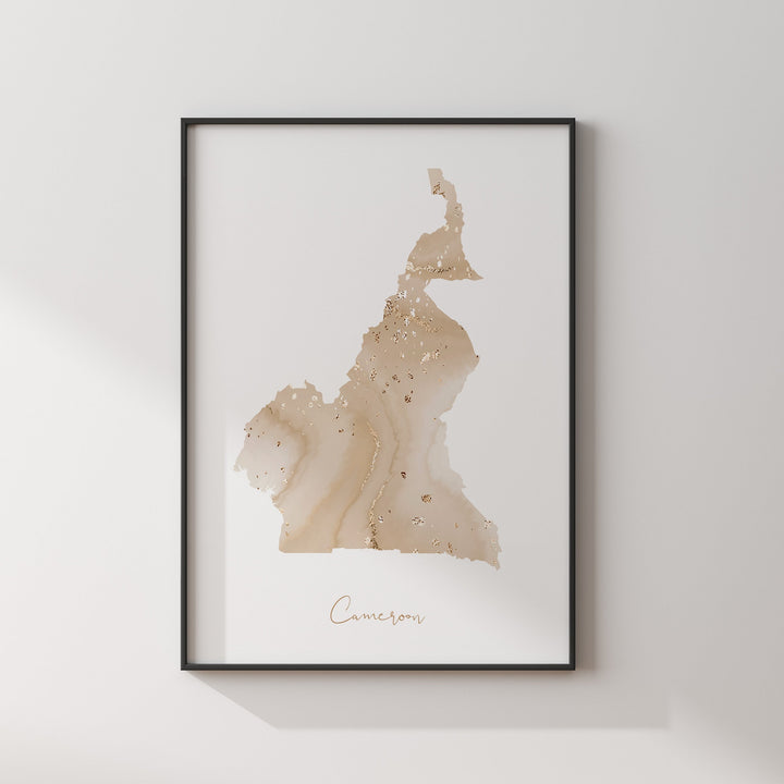 Cameroon Map Beige & Gold Wall Art Print