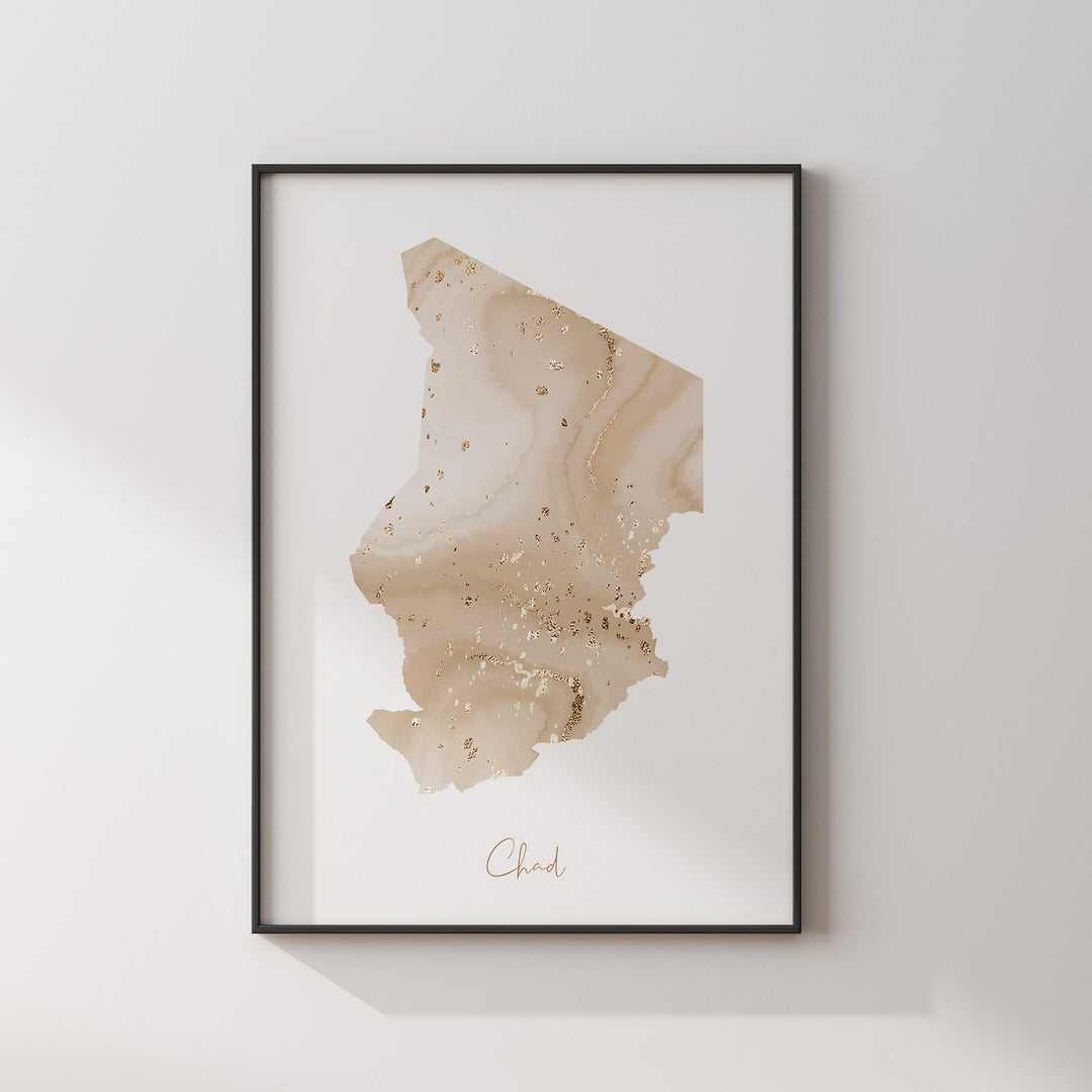Chad Map Beige & Gold Wall Art Print
