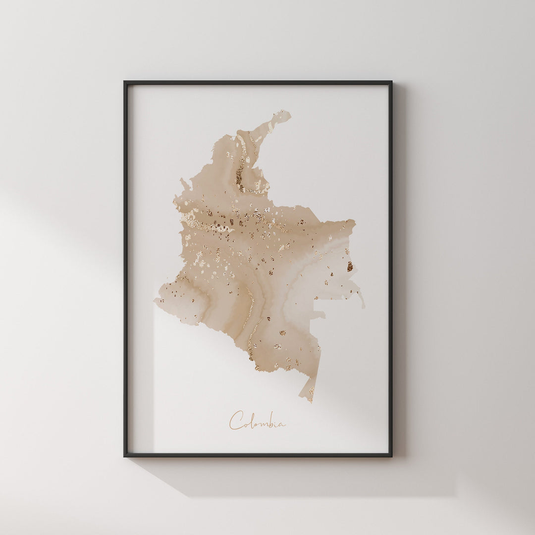 Colombia Map Beige & Gold Wall Art Print