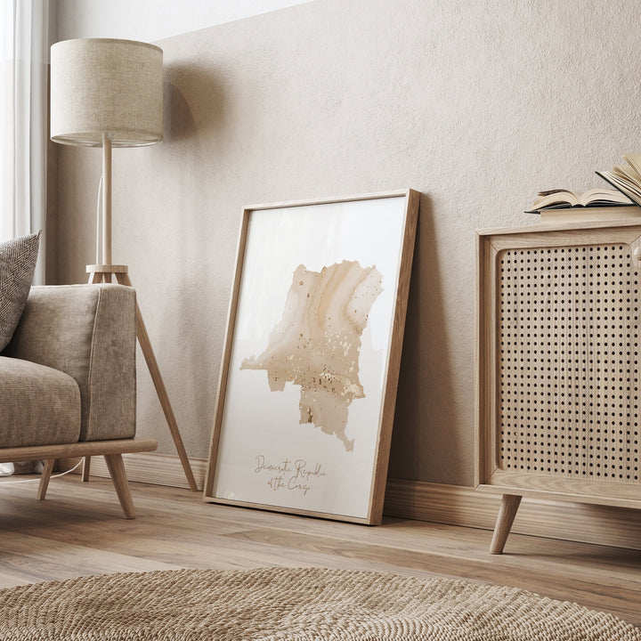 Congo Map Beige & Gold Wall Art Print
