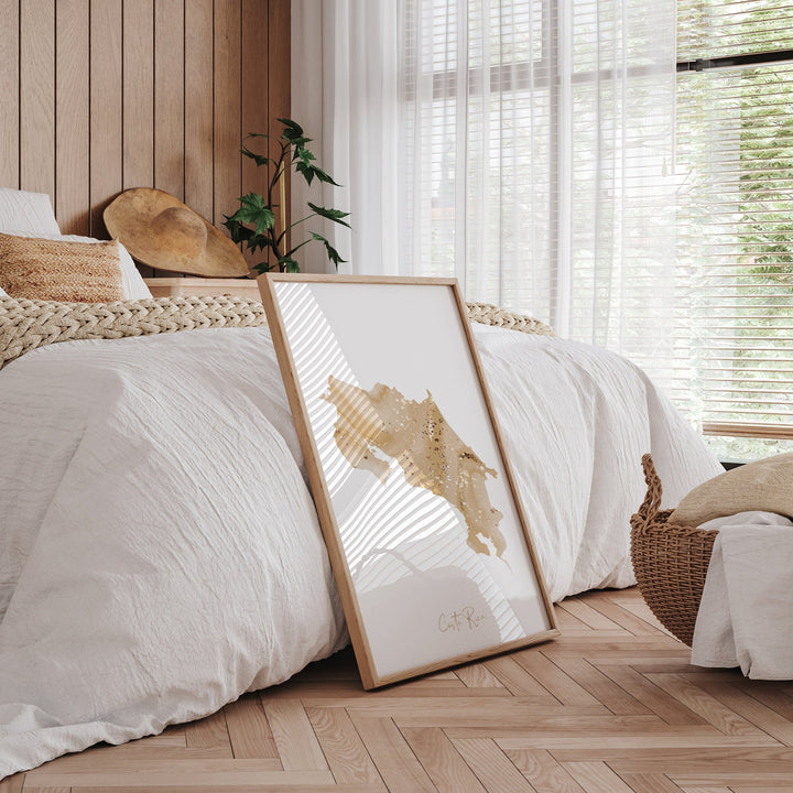 Costa Rica Map Beige & Gold Wall Art Print