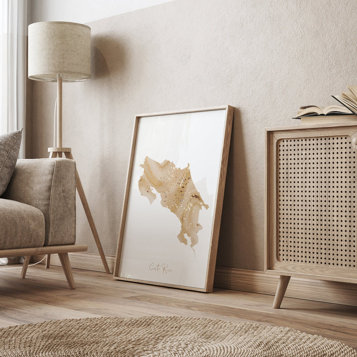 Costa Rica Map Beige & Gold Wall Art Print