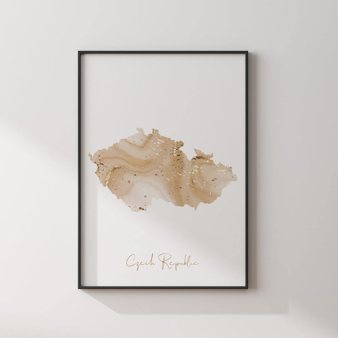 Czech Republic Map Beige & Gold Wall Art Print