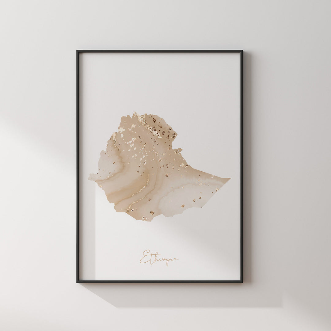Ethiopia Map Beige & Gold Wall Art Print
