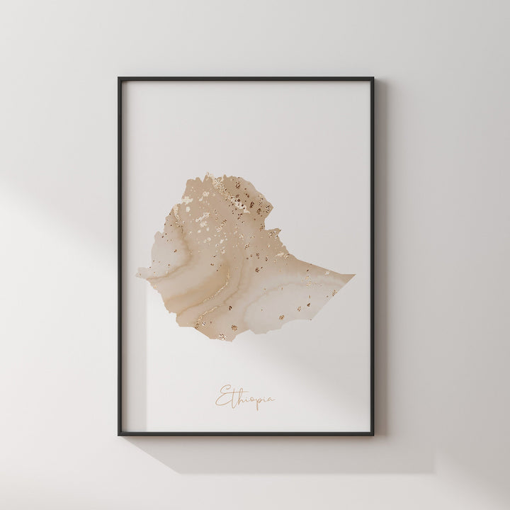Ethiopia Map Beige & Gold Wall Art Print