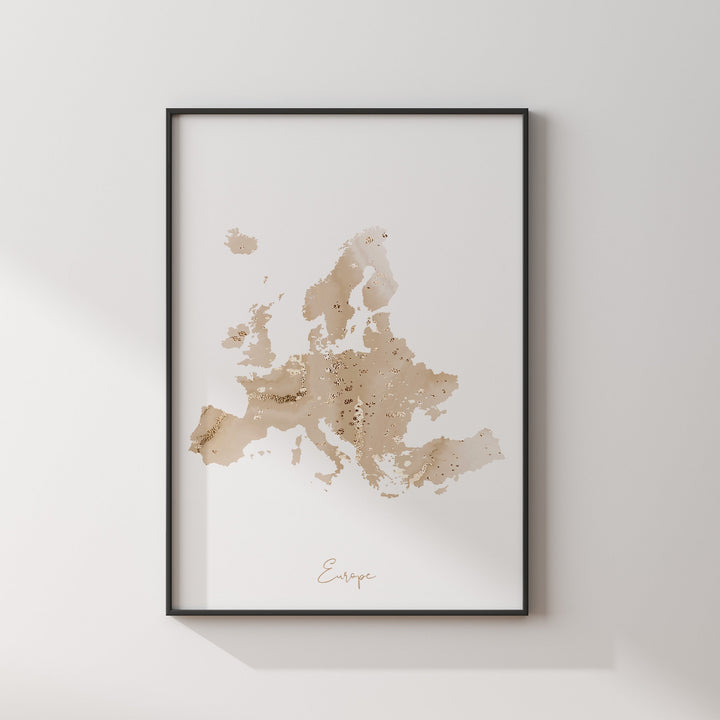 Europe Map Beige & Gold Wall Art Print