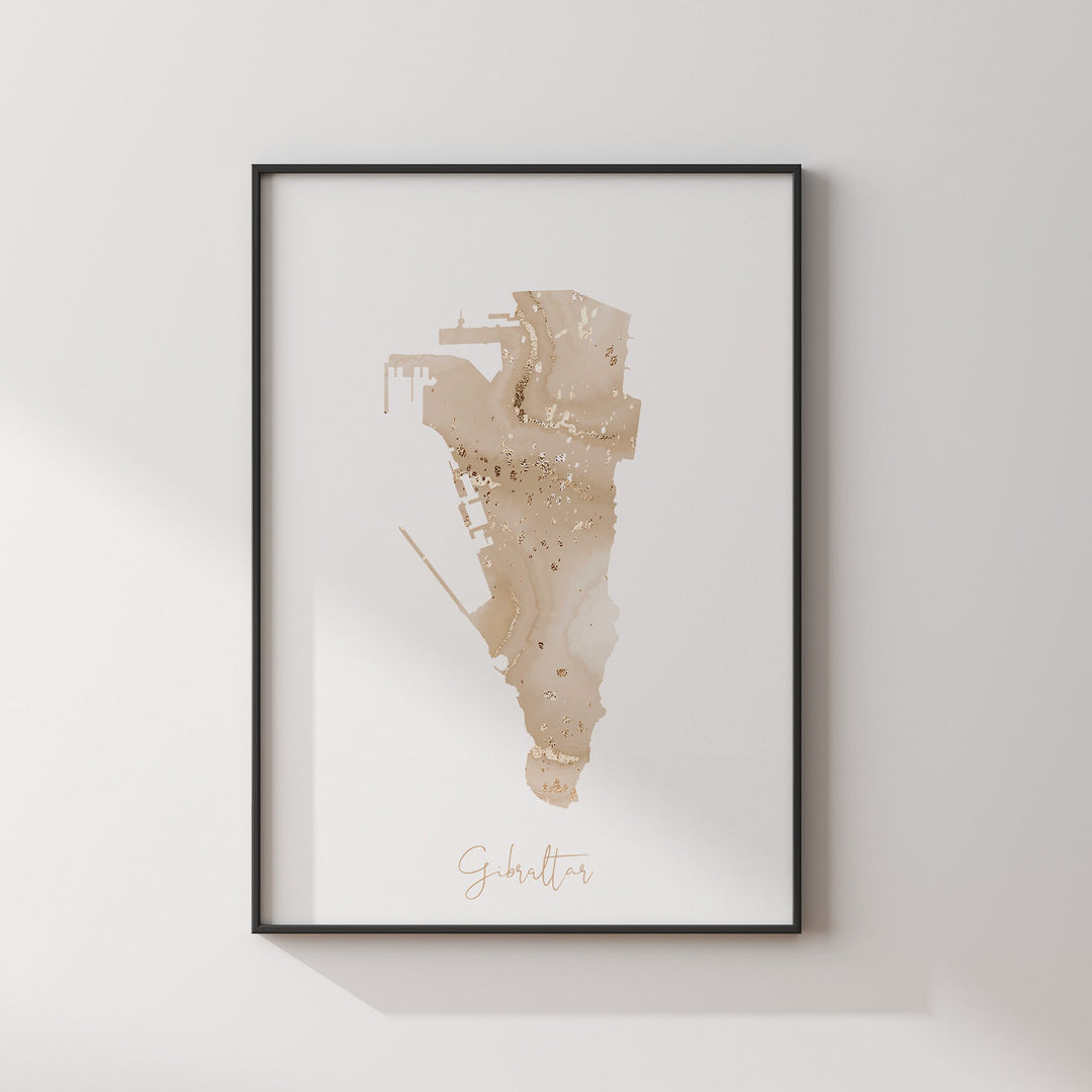Gibraltar Map Beige & Gold Wall Art Print