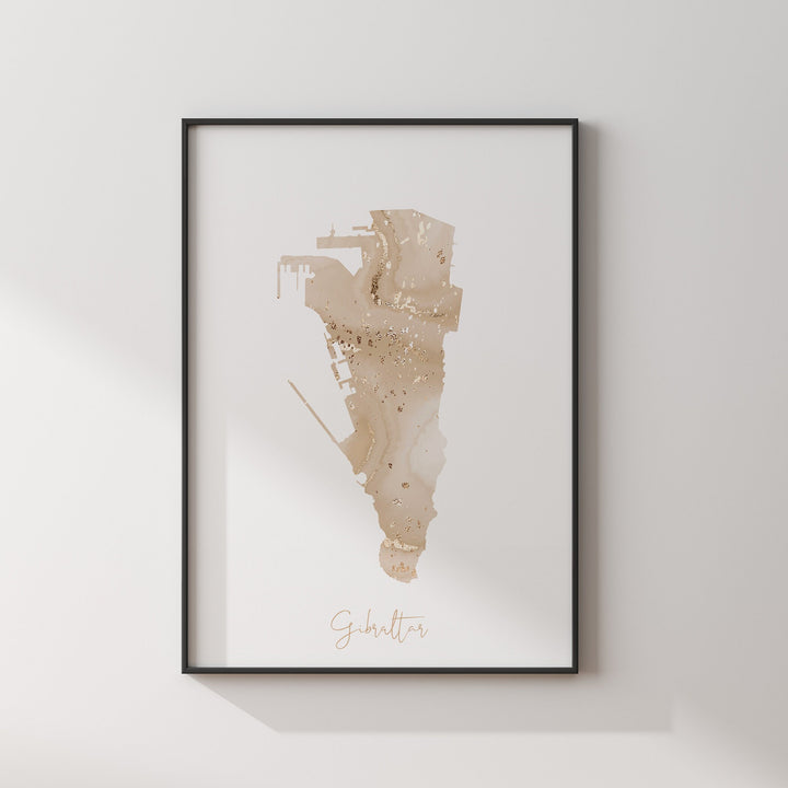 Gibraltar Map Beige & Gold Wall Art Print