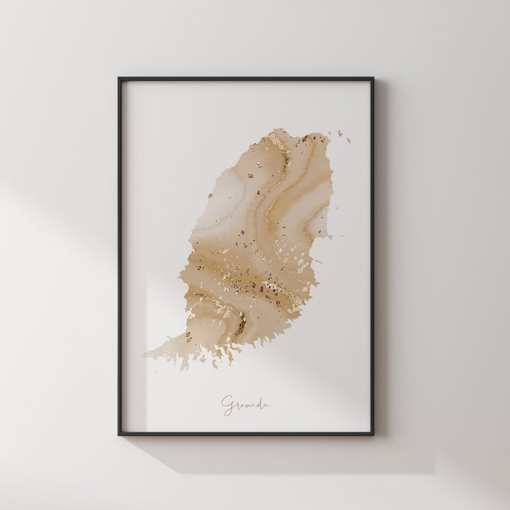 Grenada Map Beige & Gold Wall Art Print