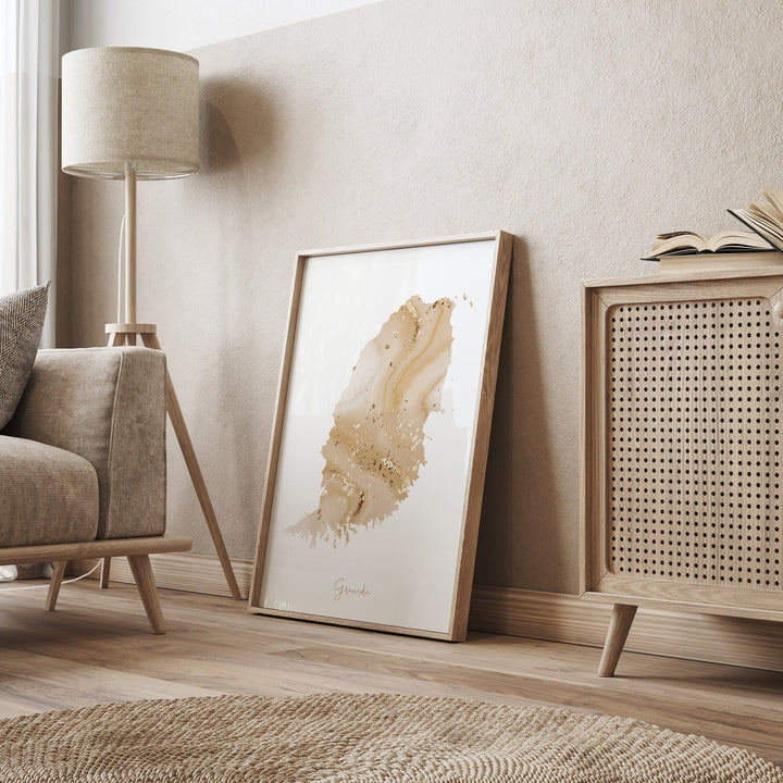 Grenada Map Beige & Gold Wall Art Print