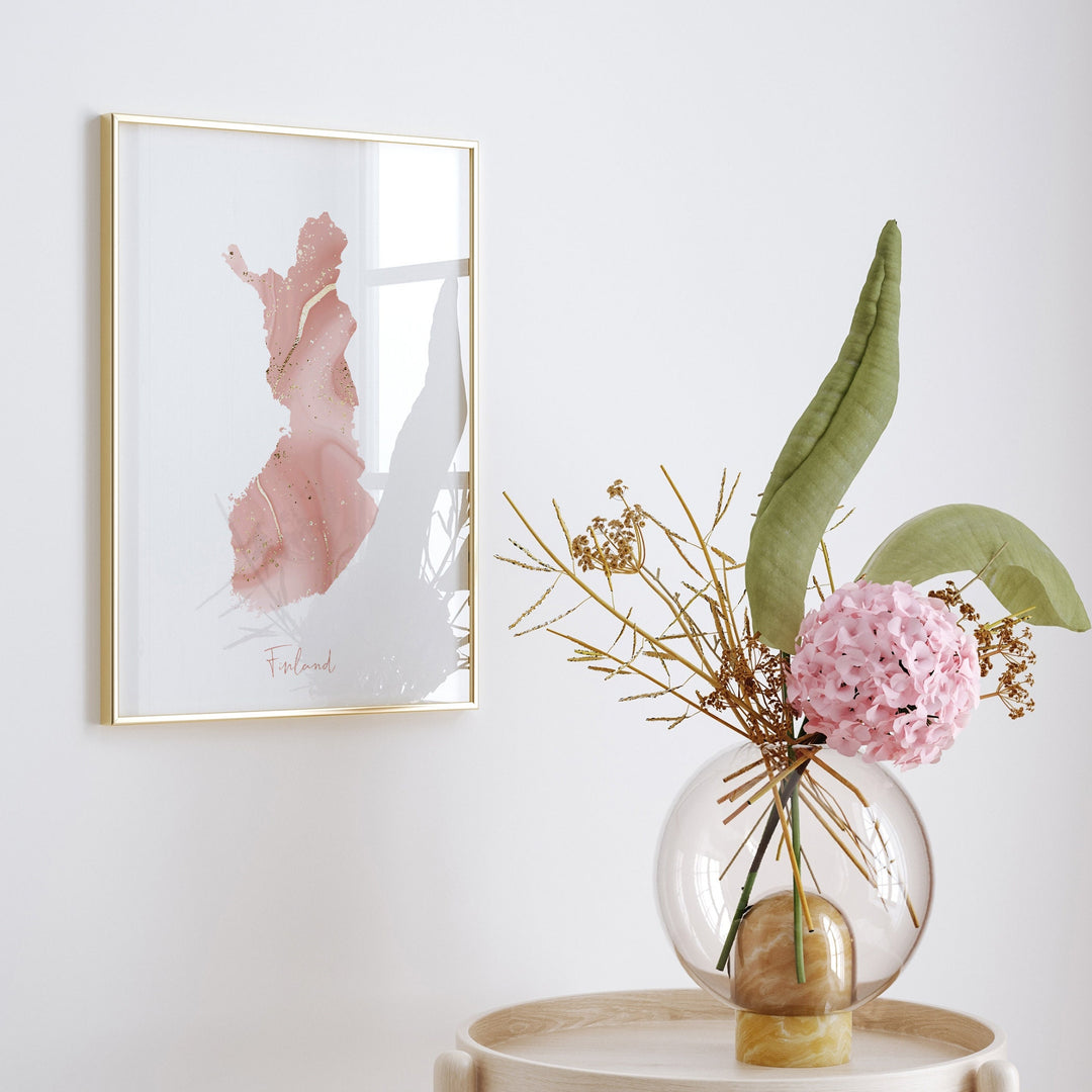 Finland Map Pink and Gold Wall Art Print