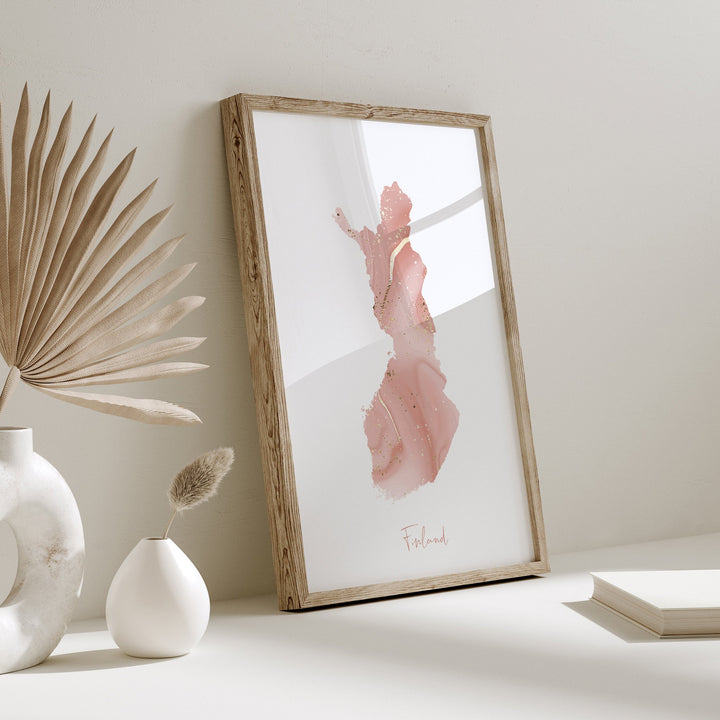 Finland Map Pink and Gold Wall Art Print