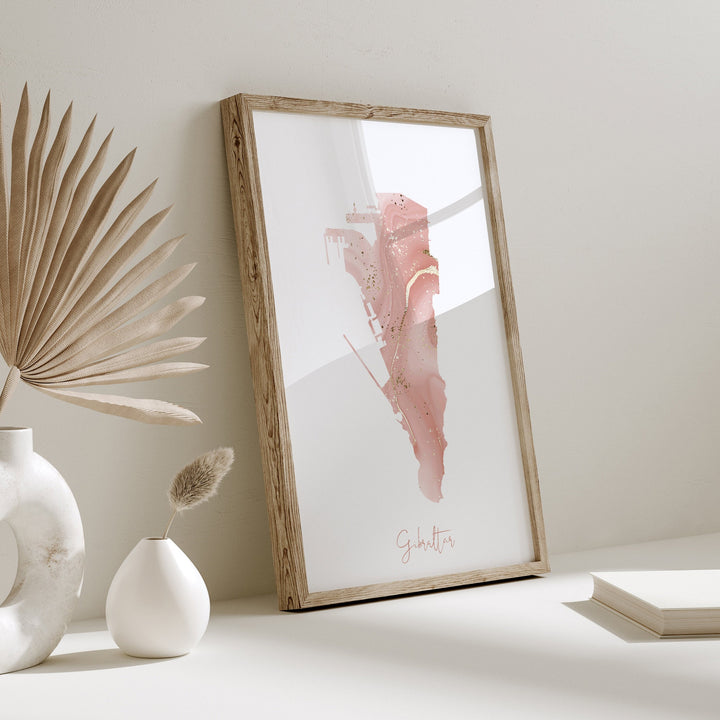 Gibraltar Map Pink and Gold Wall Art Print