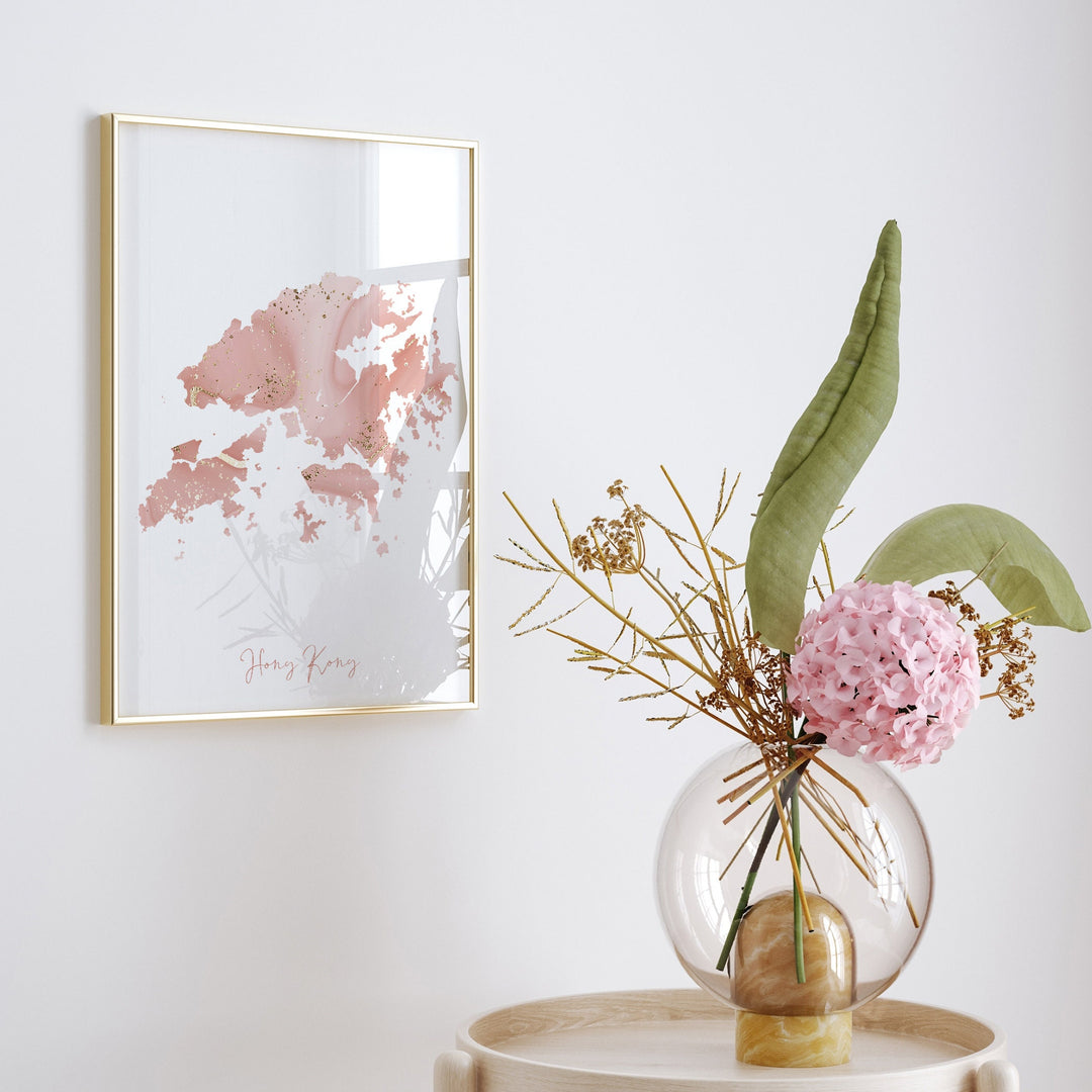 Hong Kong Map Pink and Gold Wall Art Print