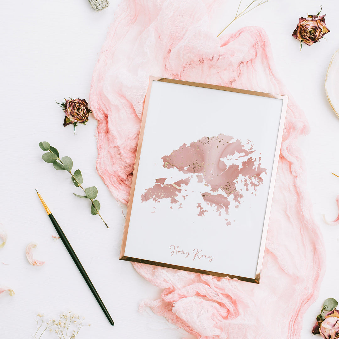 Hong Kong Map Pink and Gold Wall Art Print
