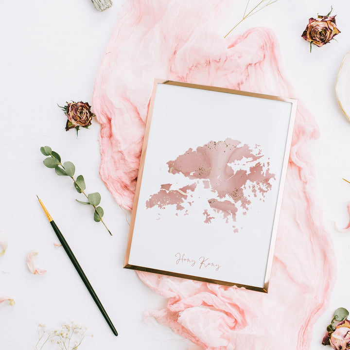 Hong Kong Map Pink and Gold Wall Art Print