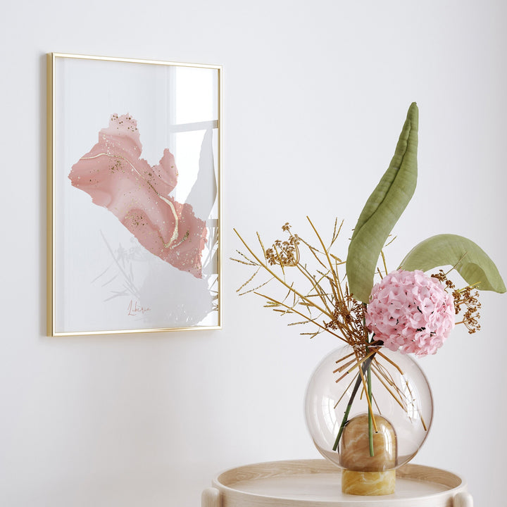 Liberia Map Pink and Gold Wall Art Print