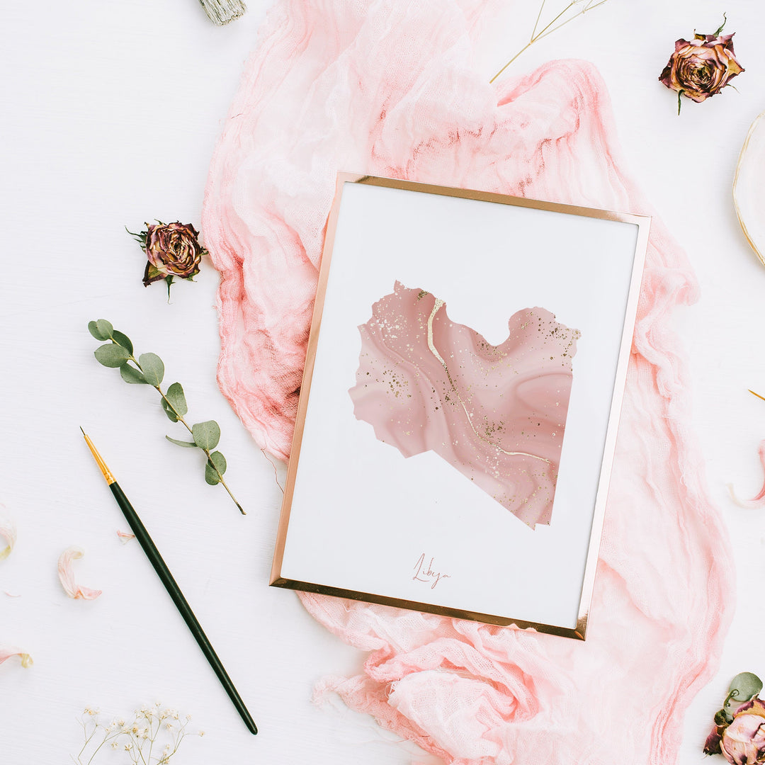 Libya Map Pink and Gold Wall Art Print