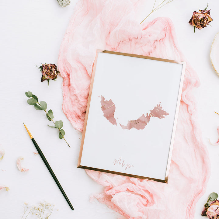 Malaysia Map Pink and Gold Wall Art Print