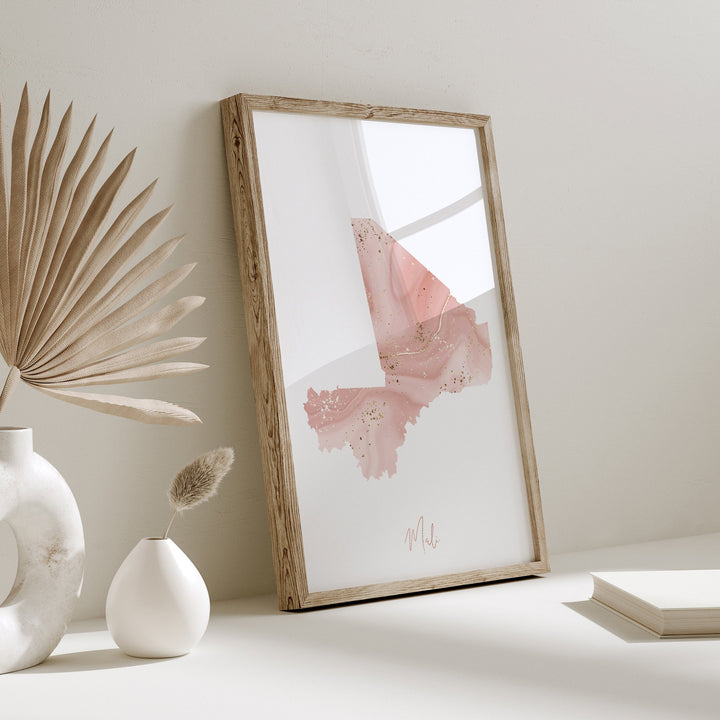 Mali Map Pink and Gold Wall Art Print