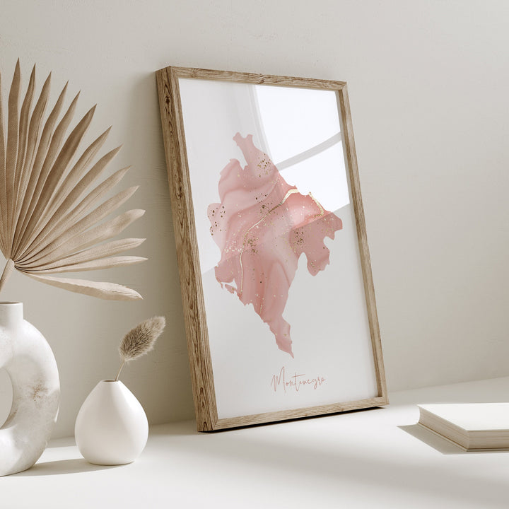 Montenegro Map Pink and Gold Wall Art Print