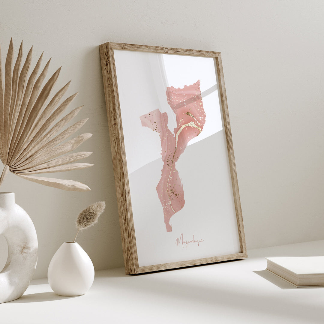 Mozambique Map Pink and Gold Wall Art Print