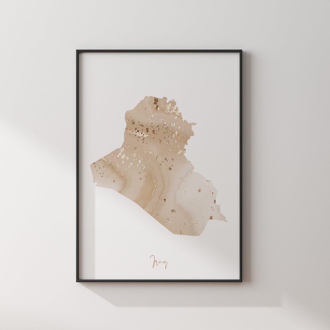 Iraq Map Beige & Gold Wall Art Print
