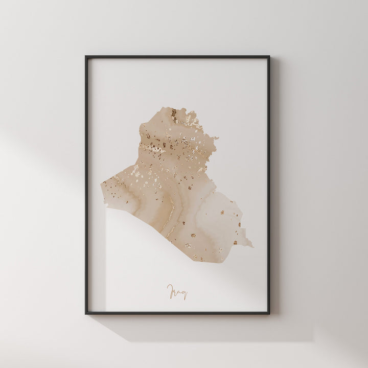 Iraq Map Beige & Gold Wall Art Print