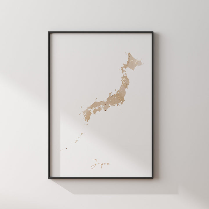Japan Map Beige & Gold Wall Art Print
