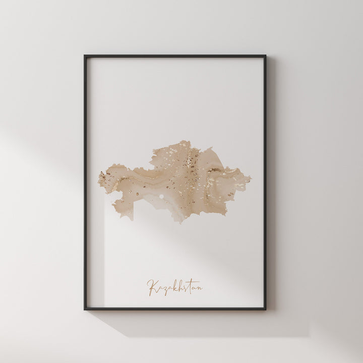 Kazakhstan Map Beige & Gold Wall Art Print