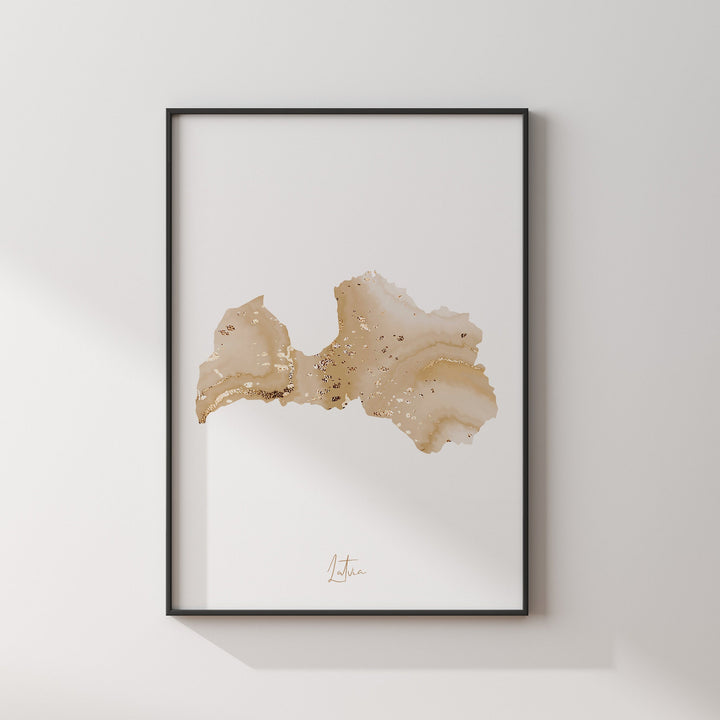 Latvia Map Beige & Gold Wall Art Print