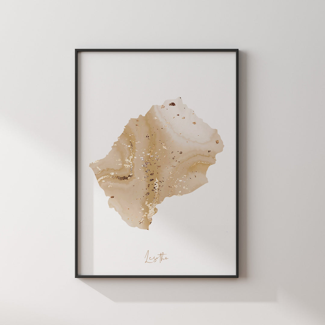 Lesotho Map Beige & Gold Wall Art Print
