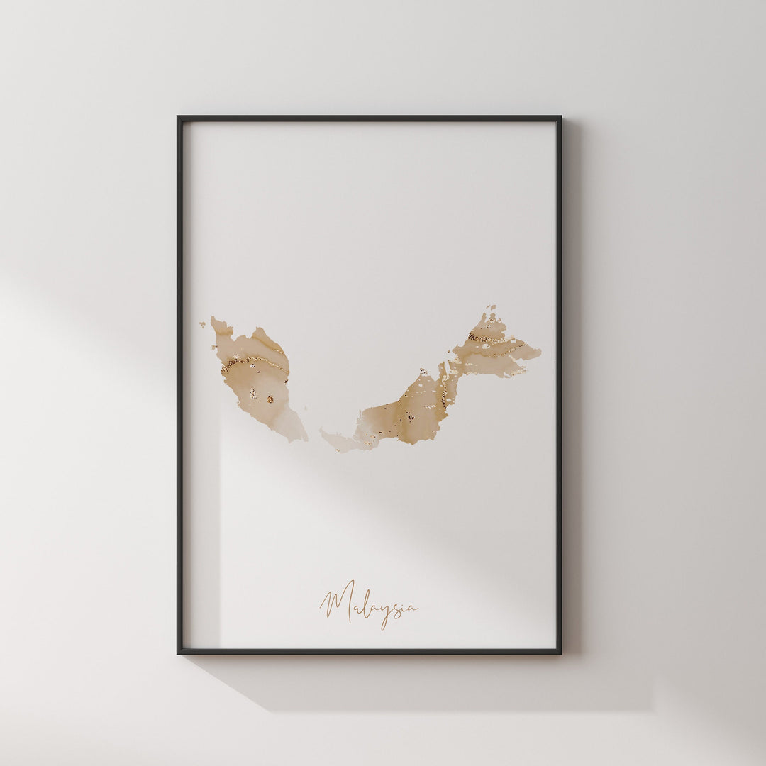 Malaysia Map Beige & Gold Wall Art Print