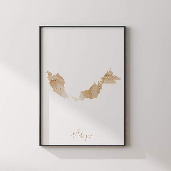 Malaysia Map Beige & Gold Wall Art Print