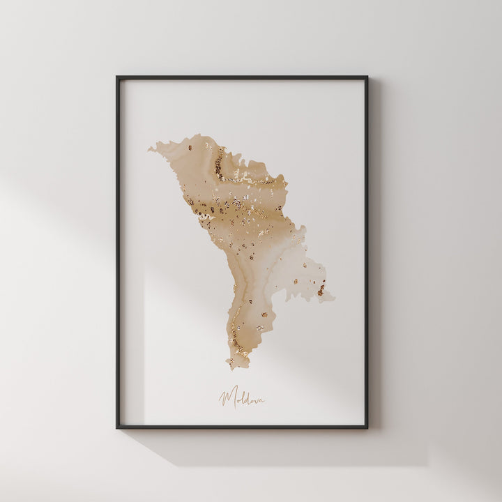 Moldova Map Beige & Gold Wall Art Print