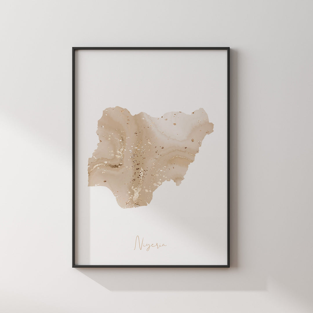 Nigeria Map Beige & Gold Wall Art Print