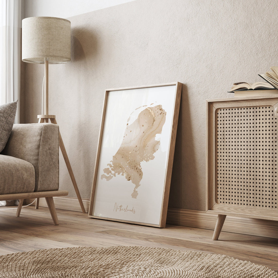 Netherlands Map Beige & Gold Wall Art Print