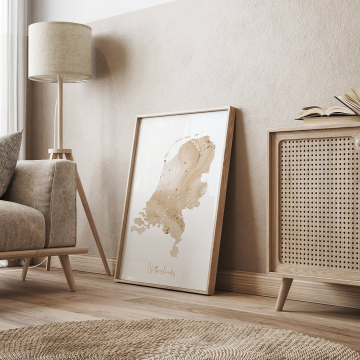 Netherlands Map Beige & Gold Wall Art Print