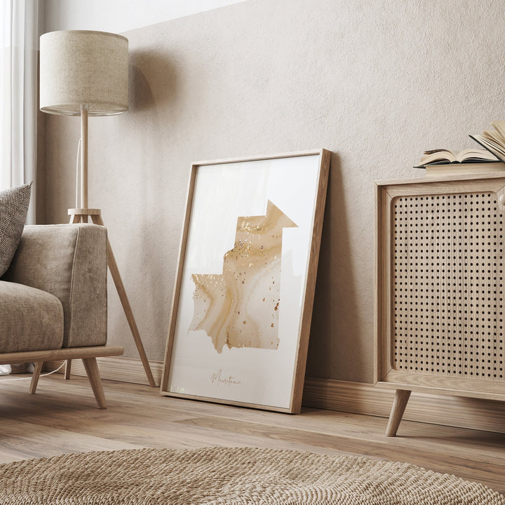 Mauritania Map Beige & Gold Wall Art Print
