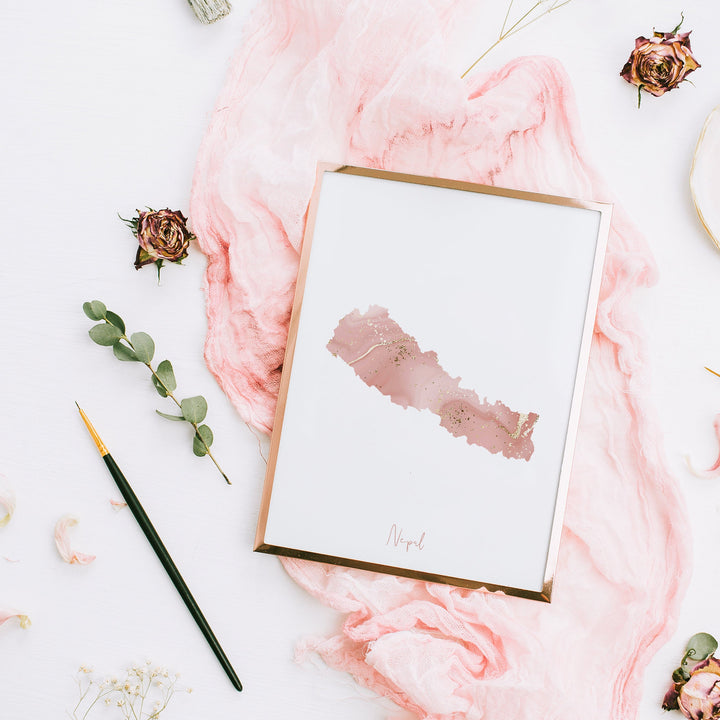 Nepal Map Pink and Gold Wall Art Print