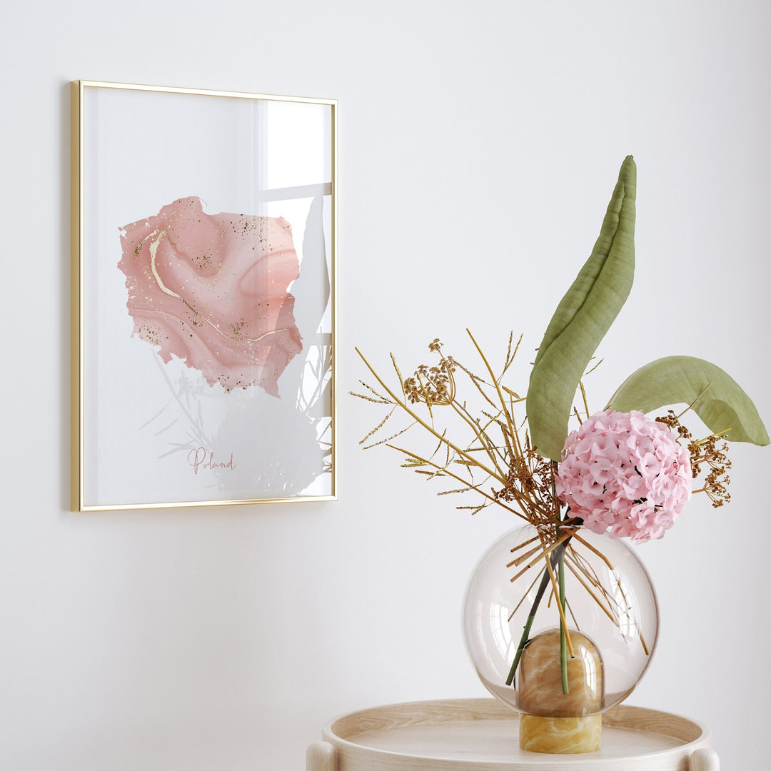 Poland Map Pink and Gold Wall Art Print