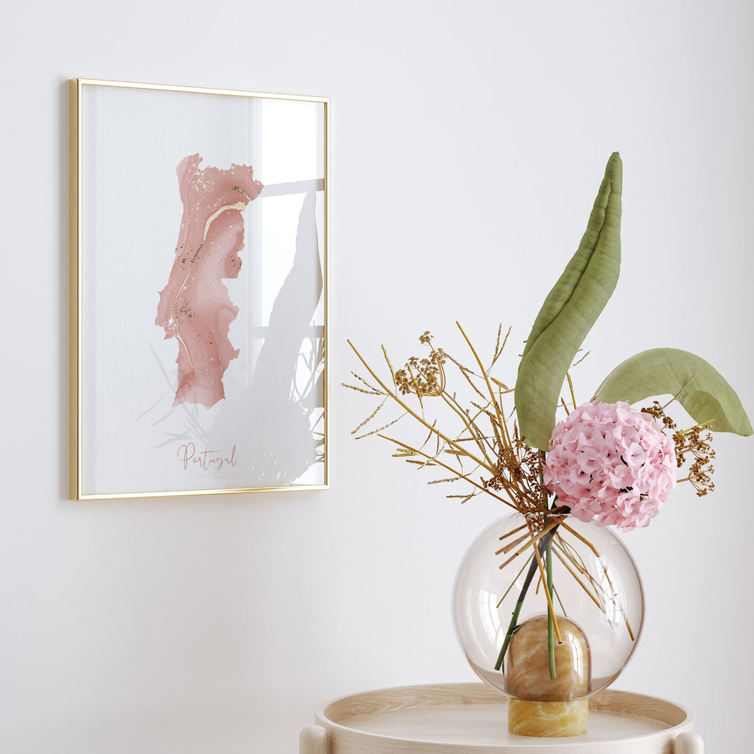Portugal Map Pink and Gold Wall Art Print