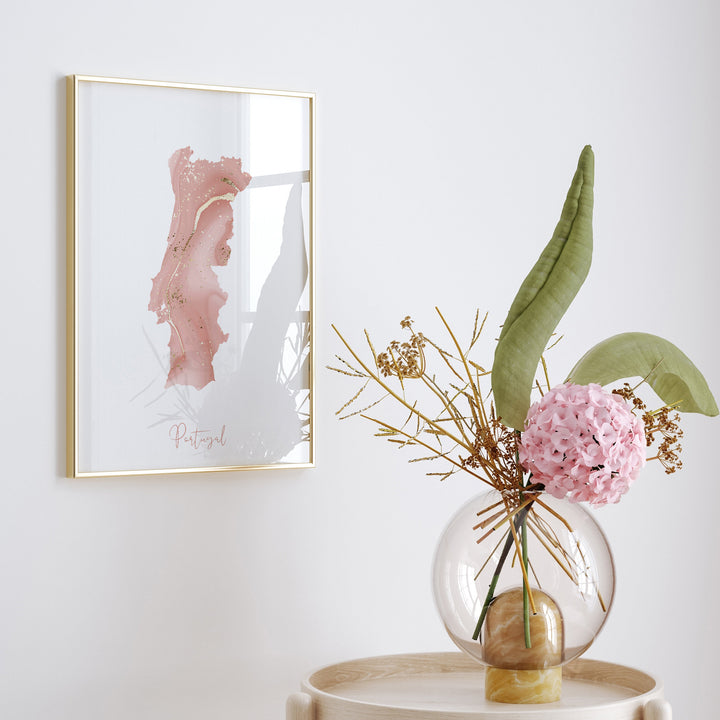 Portugal Map Pink and Gold Wall Art Print