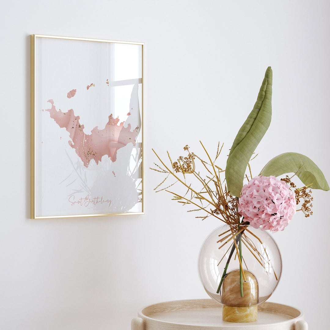 Saint Barthelemy Map Pink and Gold Wall Art Print