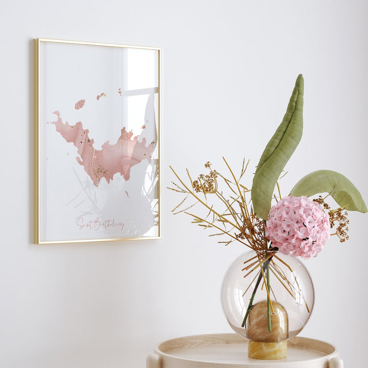 Saint Barthelemy Map Pink and Gold Wall Art Print