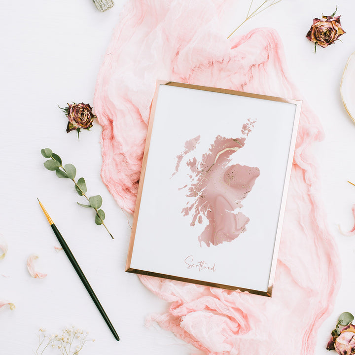 Scotland Map Pink and Gold Wall Art Print