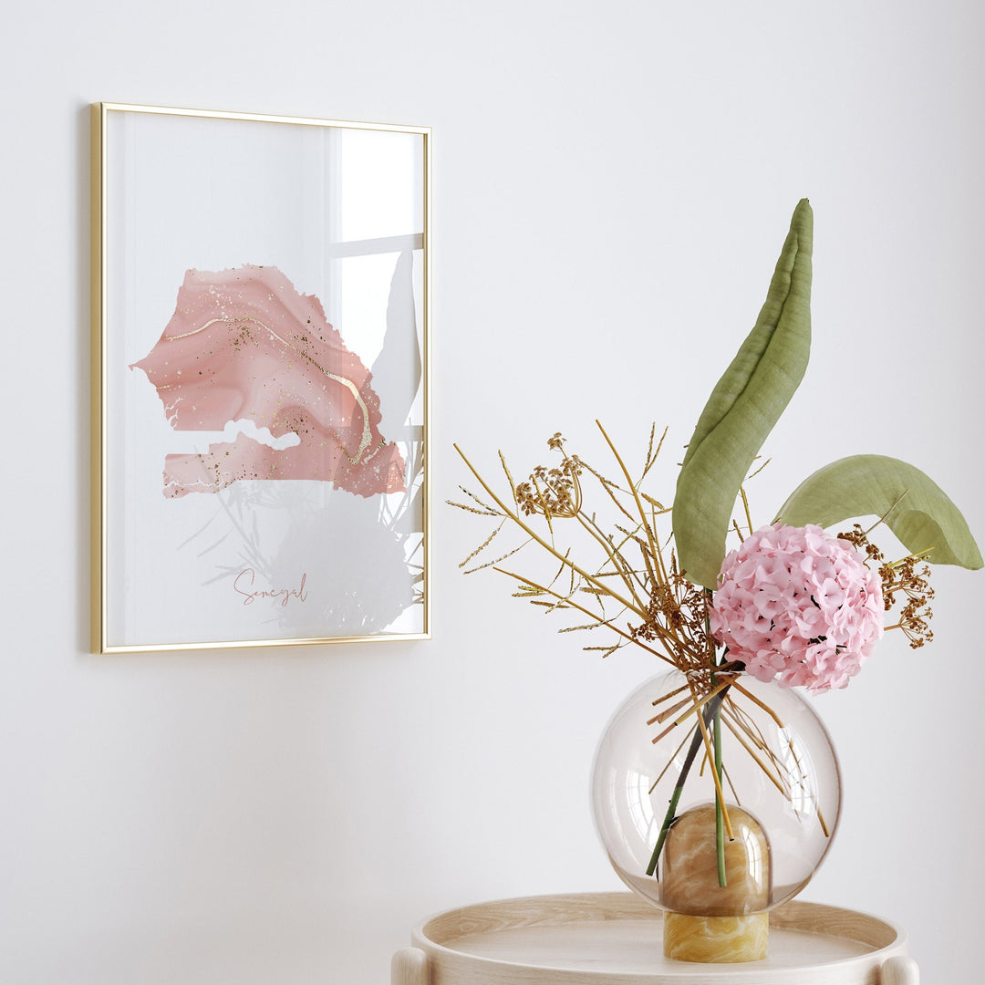 Senegal Map Pink and Gold Wall Art Print