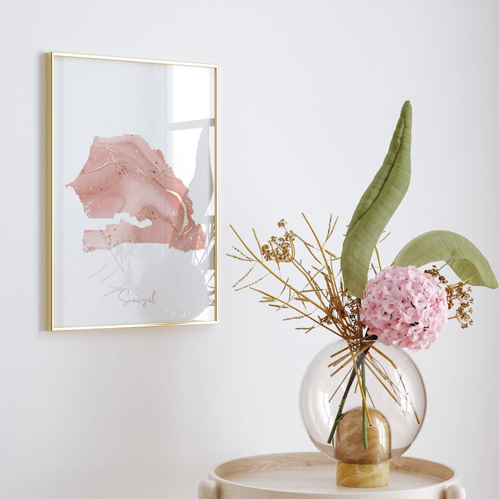 Senegal Map Pink and Gold Wall Art Print