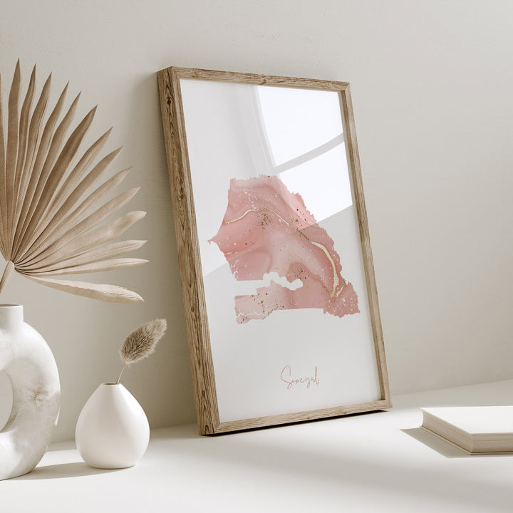 Senegal Map Pink and Gold Wall Art Print